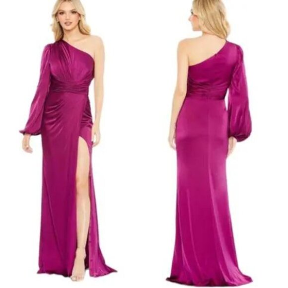 Ieena for Mac Dougal One-Shoulder Ruched Gown Fuchsia 17581